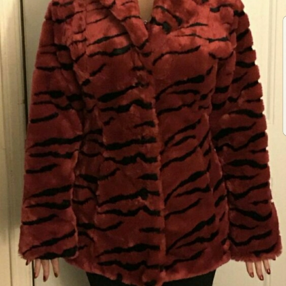 Faux Fur Red and Black Zebra Coat